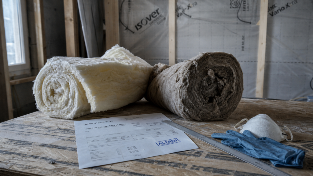 Différence entre laine de verre et laine de roche : rouleaux d’isolant sur chantier