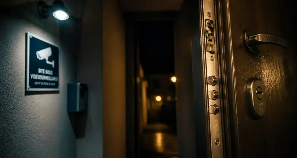 Dissuasion cambriolage : porte blindée ouverte, serrure A2P et vidéosurveillance
