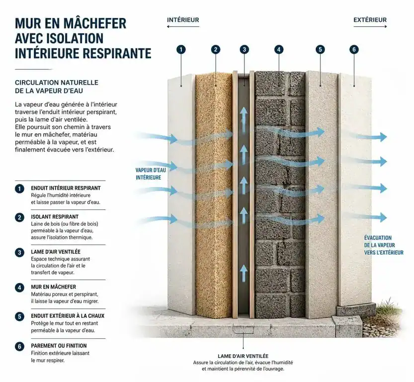 Schéma technique de l'isolation d'un mur en mâchefer pour éviter l'humidité