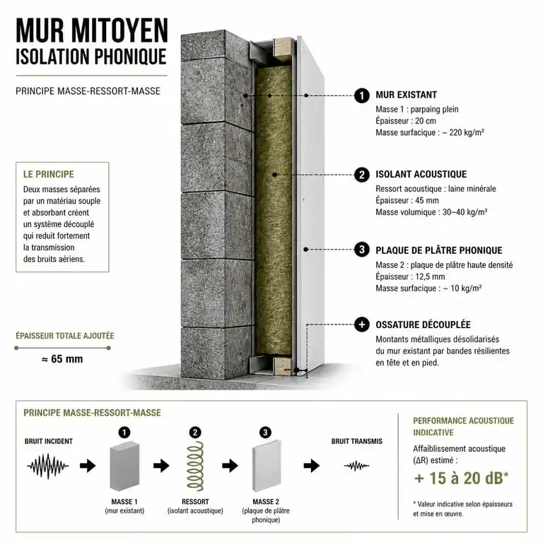 Schéma de principe masse-ressort-masse pour isoler phoniquement un mur mitoyen