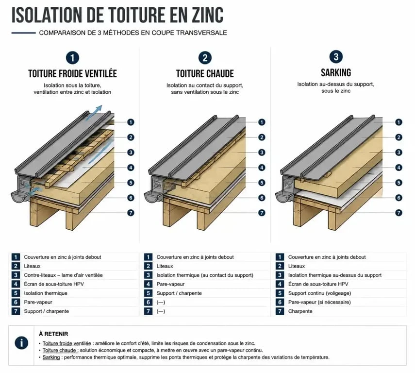 Schéma comparatif des techniques d'isolation pour toiture en zinc : toiture froide, chaude et sarking