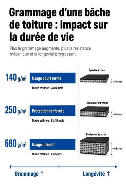 Infographie comparative des grammages de bâche pour toiture selon l'usage et la durée de vie