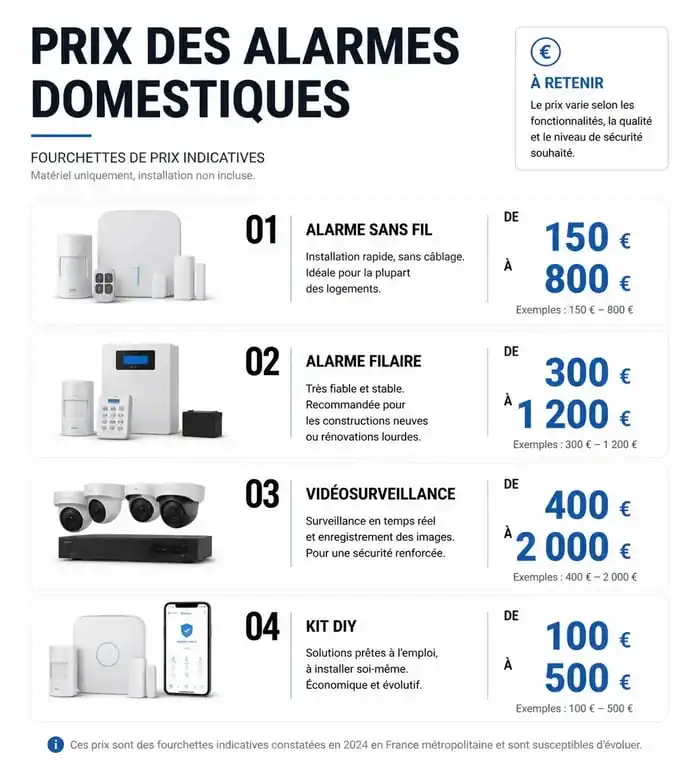 Infographie comparative des prix d'installation d'une alarme maison selon le type de système