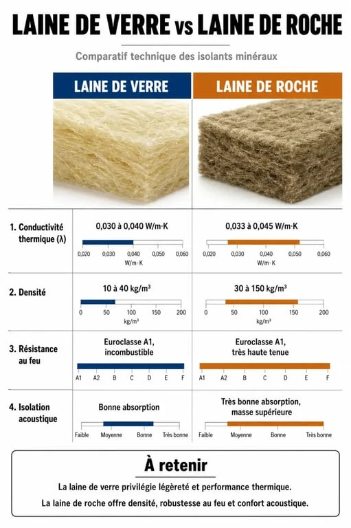 Tableau comparatif des différences entre laine de verre et laine de roche pour l'isolation thermique