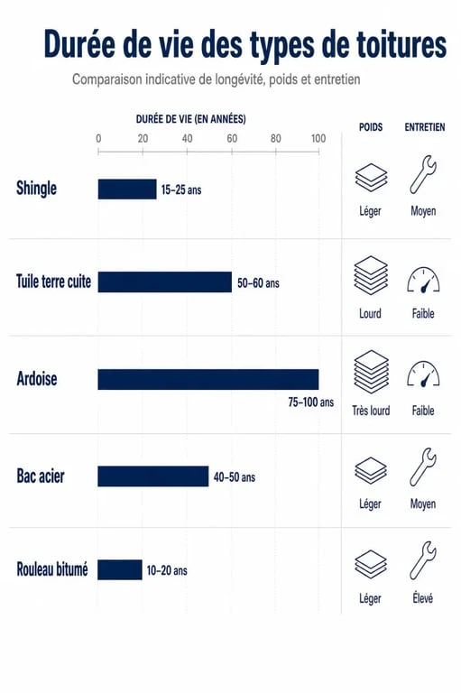 Comparatif des durées de vie et caractéristiques des toitures en shingle et autres matériaux de couverture