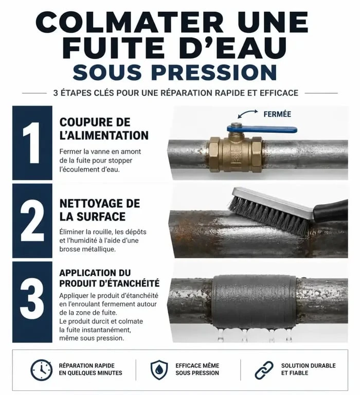 Infographie des étapes pour colmater une fuite d'eau sous pression