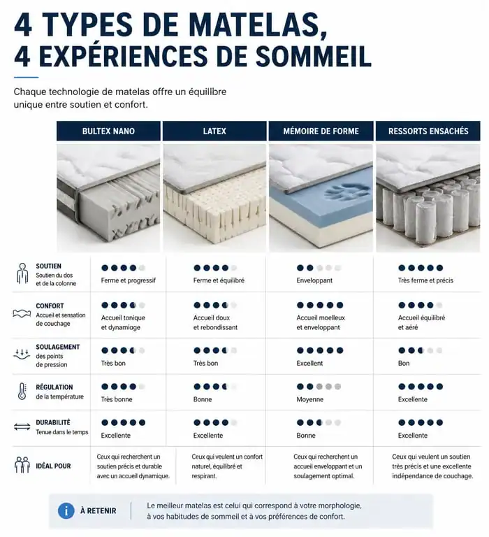 Comparatif des technologies de matelas : Bultex Nano, Latex, Mémoire de forme et Ressorts ensachés pour choisir son matelas.
