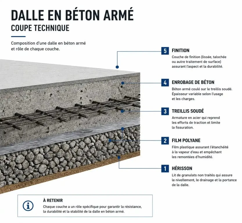 Schéma technique d'une dalle en béton armé avec armature et enrobage