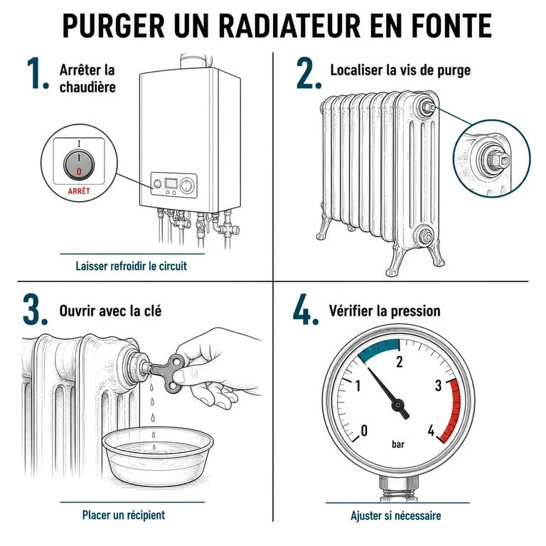 Schéma explicatif des 4 étapes pour purger un radiateur en fonte efficacement