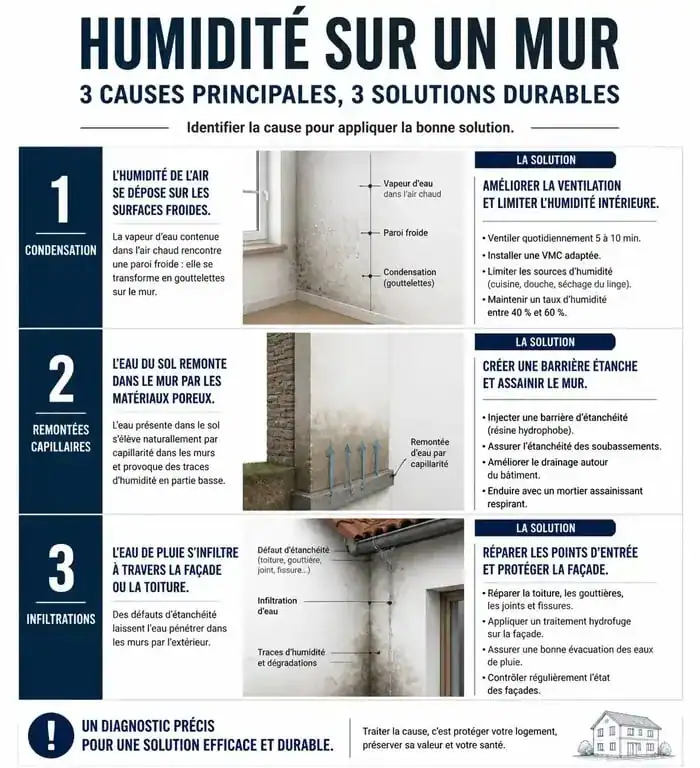 Infographie des causes et solutions pour enlever l'humidité sur un mur