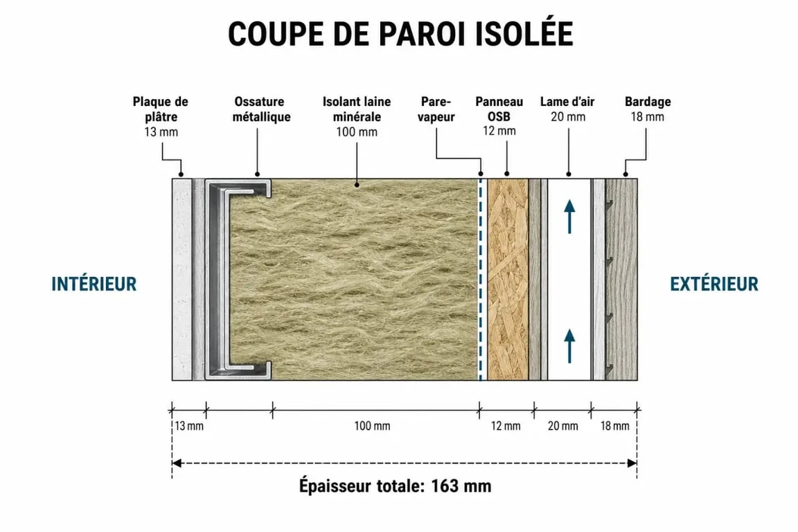 Schéma de l'épaisseur d'une isolation placo avec isolant et plaque de plâtre