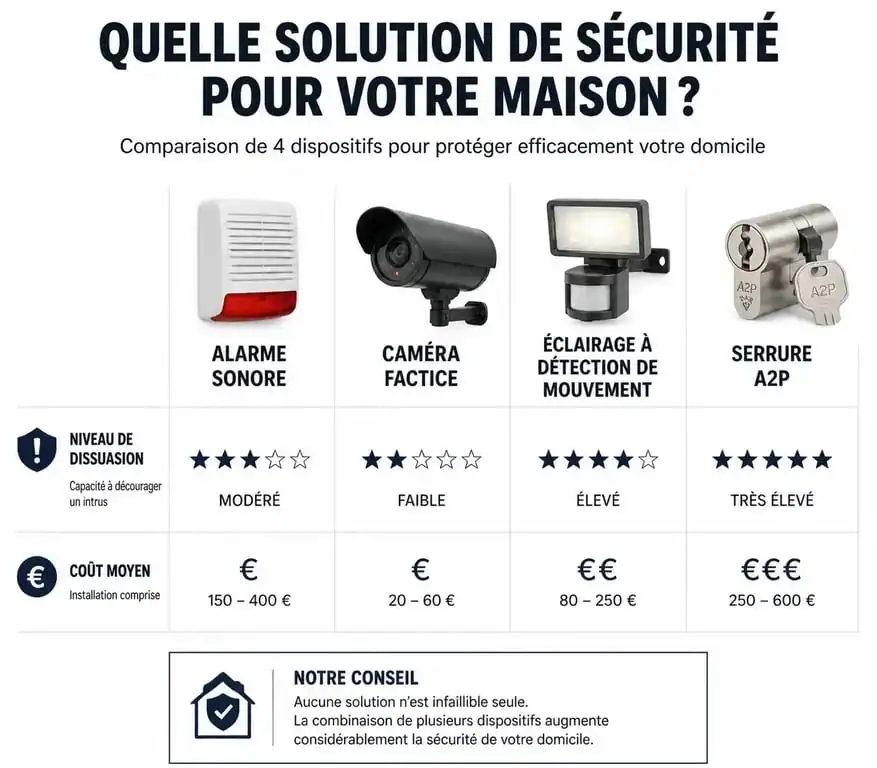 Infographie comparative des équipements de dissuasion cambriolage : coût et efficacité