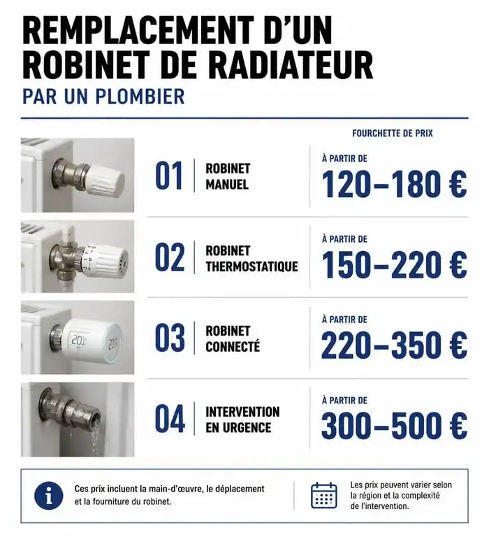Infographie des prix moyens d'un plombier pour changer un robinet de radiateur selon le type de modèle