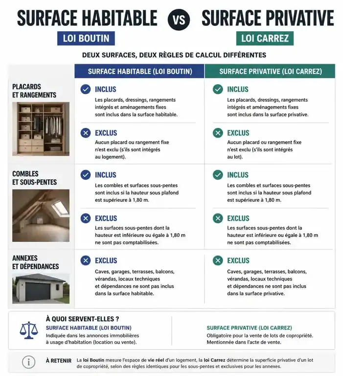 Infographie comparative des règles de calcul de la surface habitable et de la surface Carrez pour les placards et annexes.