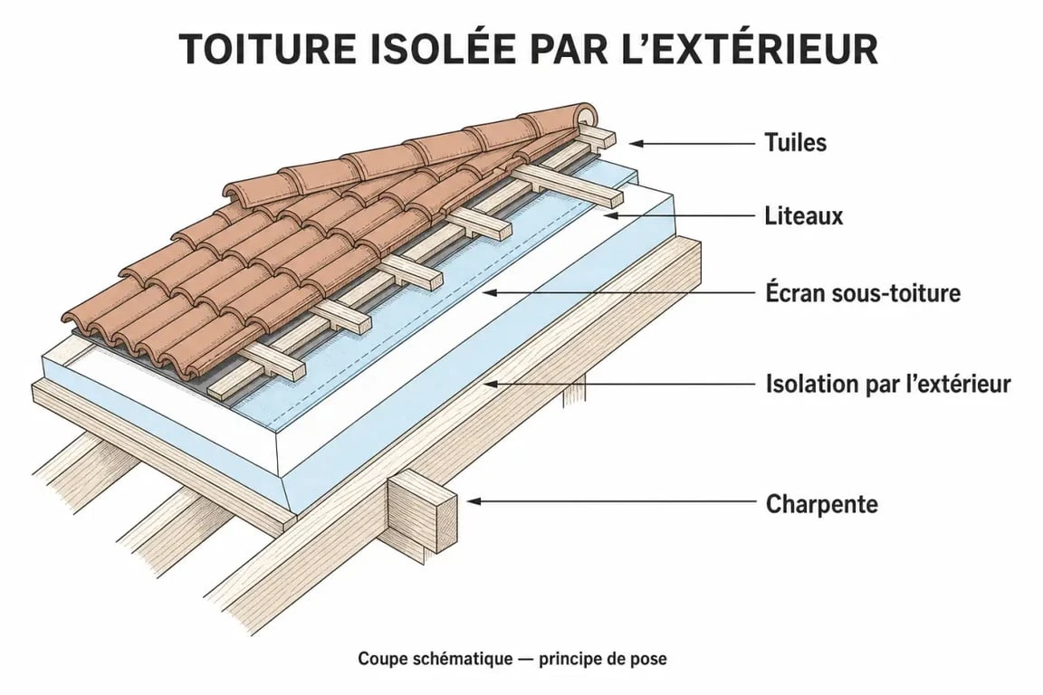 Schéma technique des couches d'une toiture à refaire avec isolation