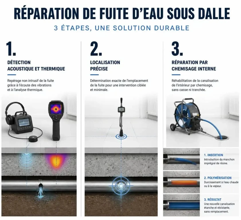 Schéma des étapes de détection et réparation de fuite d'eau canalisation enterrée sous chape