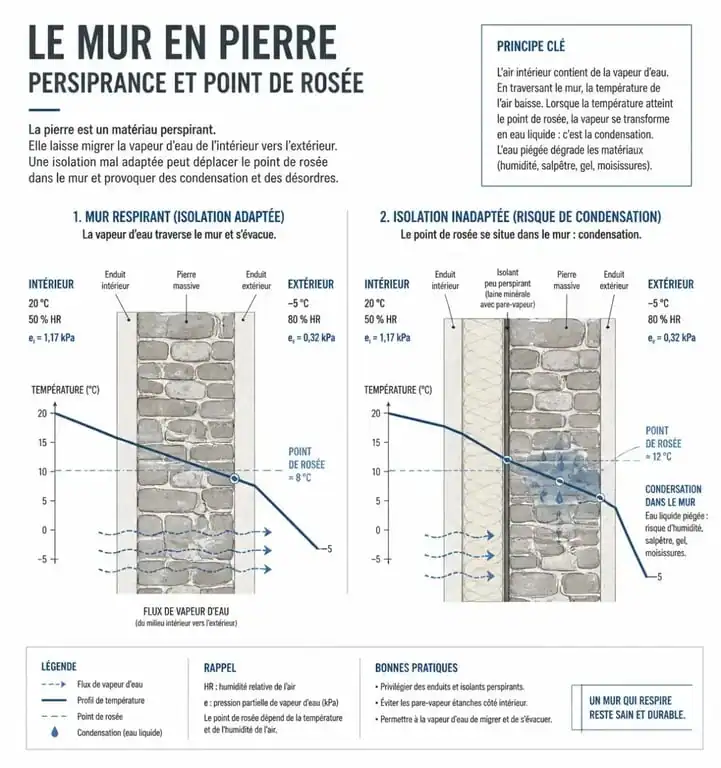 Schéma explicatif de la perspirance et du point de rosée pour isoler un mur en pierre