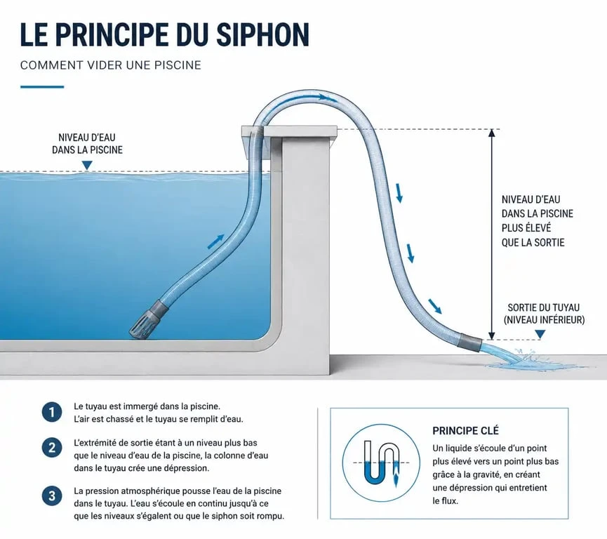 Schéma explicatif du principe du siphon pour vider une piscine avec un tuyau d'arrosage