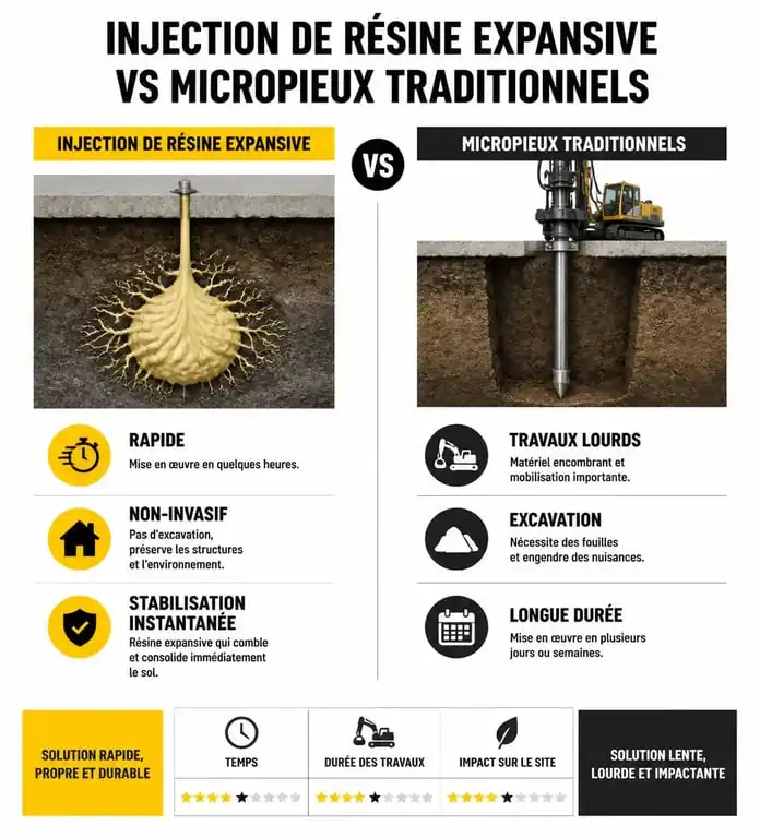 Comparatif technique entre l'injection de résine Uretek et les micropieux pour la stabilisation des fondations