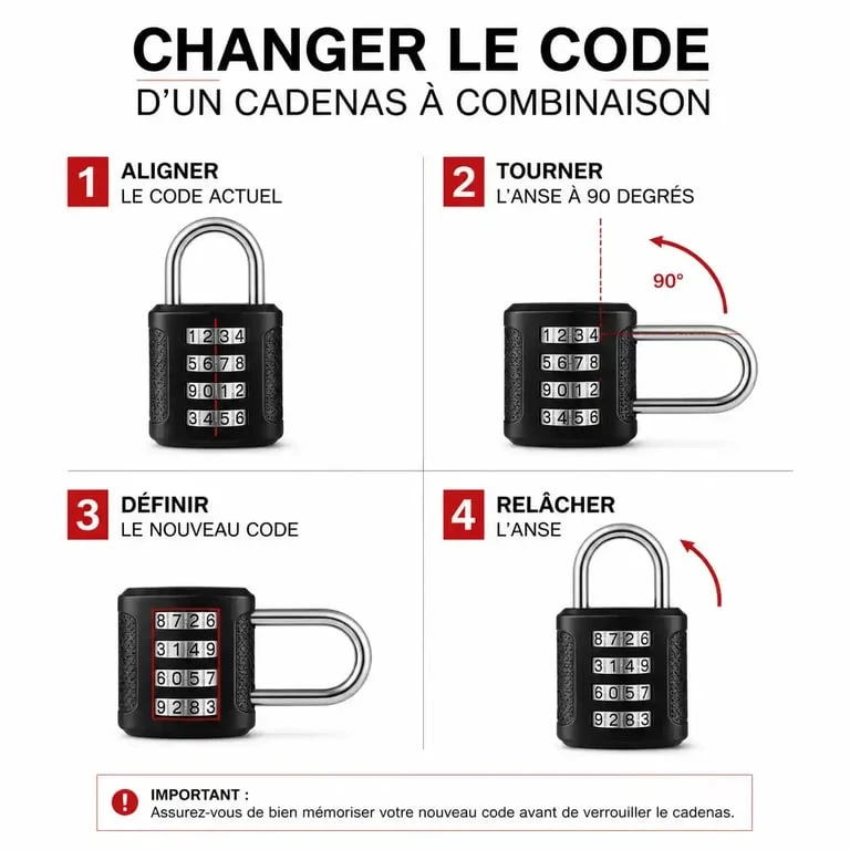 Schéma explicatif des étapes pour changer le code d'un cadenas à combinaison