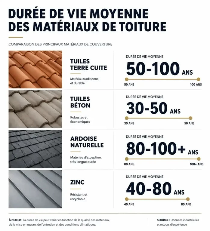 Comparatif de la durée de vie des matériaux de toiture incluant la durée de vie des tuiles en terre cuite.