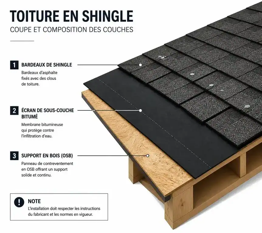 Schéma technique des couches d'une toiture en shingle : support OSB, sous-couche et bardeaux