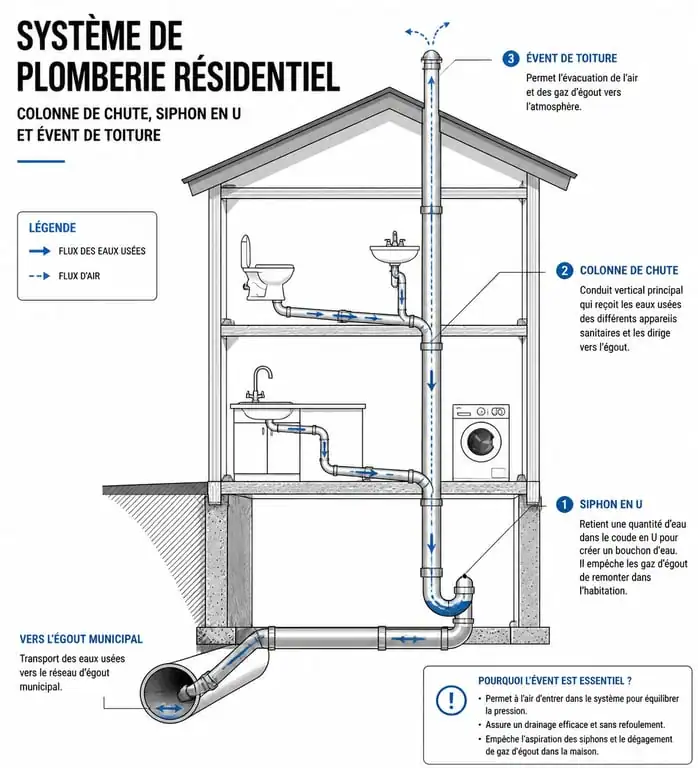 Schéma du fonctionnement d'un évent de plomberie