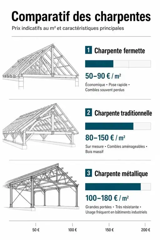 Comparatif des prix au m² des différents types de charpentes : fermette, traditionnelle et métallique.