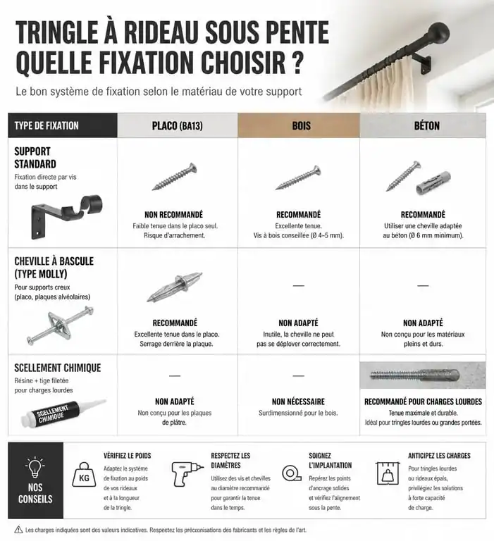 Infographie des fixations recommandées pour une tringle rideau sous pente selon le matériau du support
