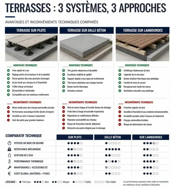 Tableau comparatif des inconvénients et avantages d'une terrasse sur plots par rapport aux autres méthodes de pose