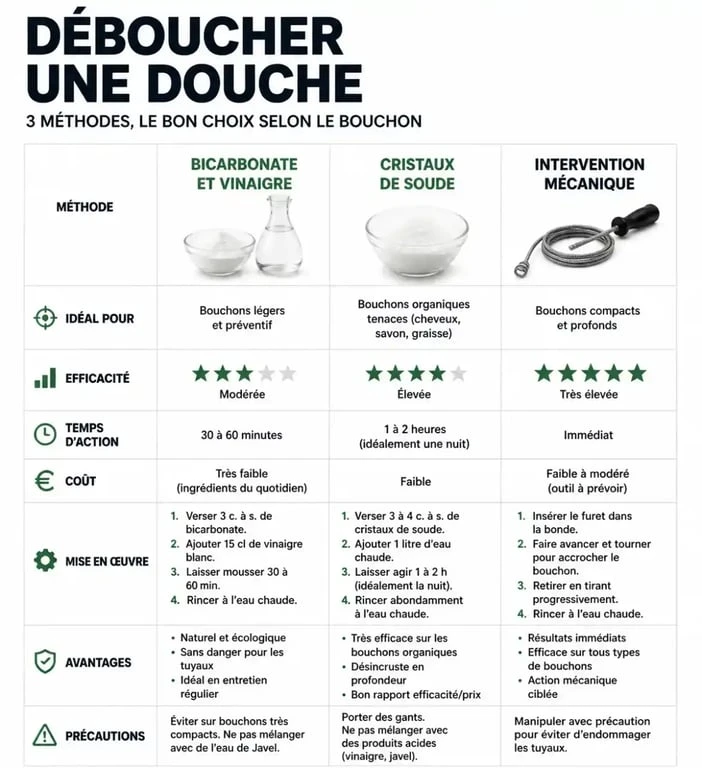 Infographie comparative des méthodes efficaces pour déboucher la douche naturellement