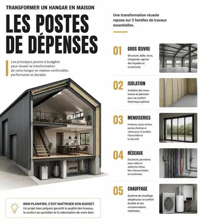Répartition budgétaire pour un projet de hangar aménagé en maison