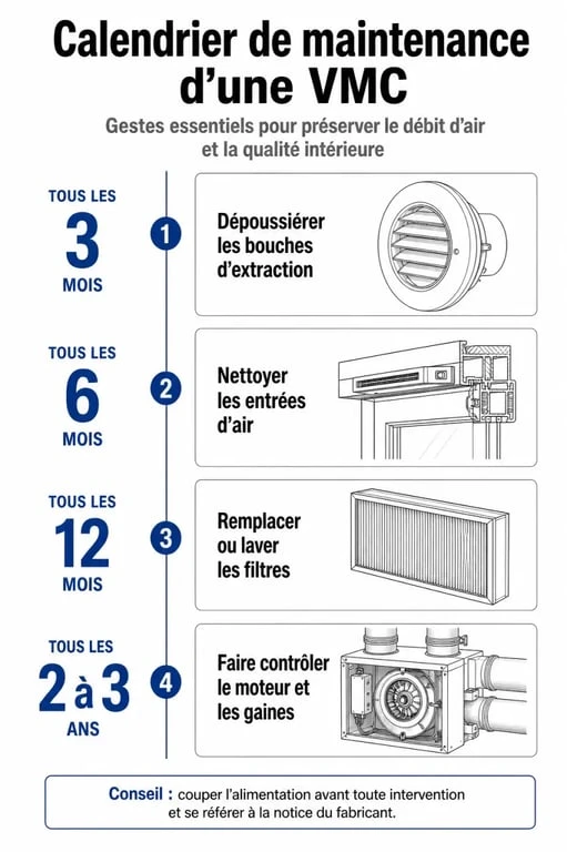 Calendrier de maintenance VMC : fréquence de nettoyage des bouches, filtres et moteur pour un air sain.