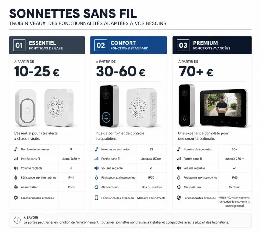 Comparatif des prix des sonnettes sans fil par gamme : entrée, milieu et haut de gamme.