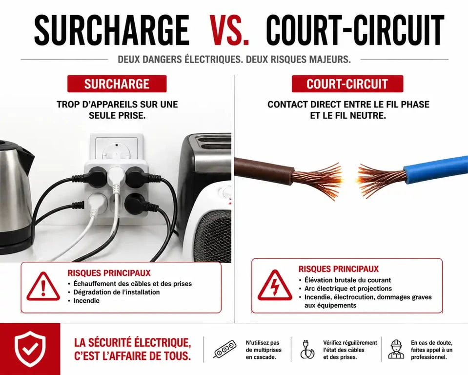Schéma explicatif des causes d'un fusible qui saute : surcharge électrique vs court-circuit