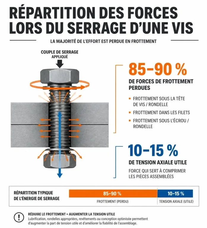 Infographie illustrant la répartition des forces lors du serrage d'une vis et l'importance du couple de serrage