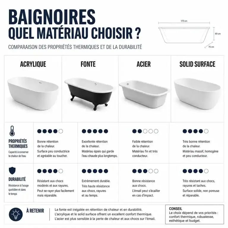 Comparatif des matériaux pour baignoire de salle de bain : acrylique, fonte, acier et solid surface.