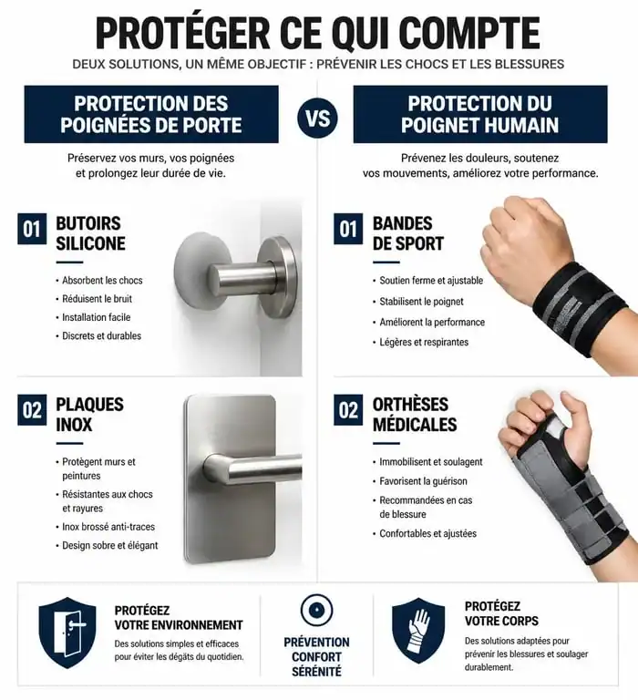 Infographie comparative des solutions de protection de poignée de porte et de poignet sportif