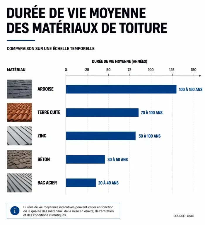Comparatif de la durée de vie des matériaux de toiture : ardoise, terre cuite, zinc, béton et bac acier.