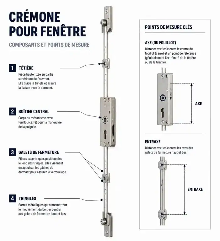 Schéma explicatif des composants d'un mécanisme de crémone pour fenêtre en bois