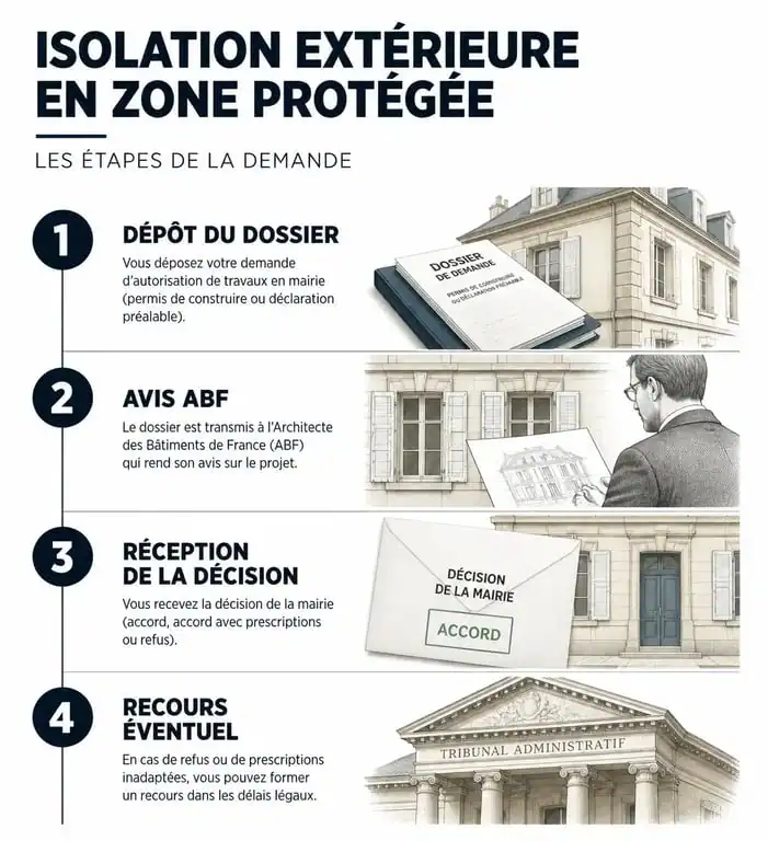Infographie du processus de demande d'isolation extérieure en zone ABF et recours possibles