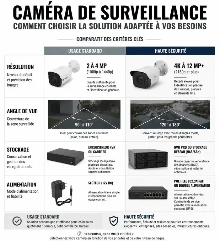 Infographie comparative des critères techniques pour choisir sa caméra de surveillance : résolution, stockage et alimentation.