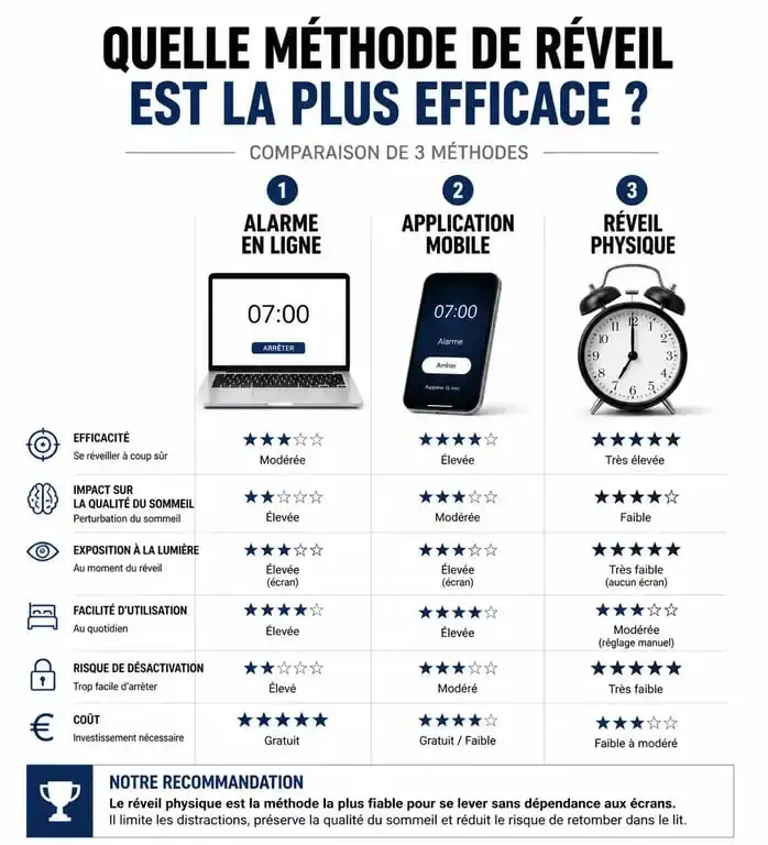 Comparatif des solutions de réveil : alarme en ligne, application mobile et réveil physique pour choisir la meilleure option selon ses besoins.