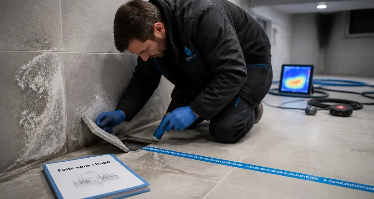 Fuite d'eau sous chape : canalisation enterrée, solution sans tout casser, technicien détecte l'humidité