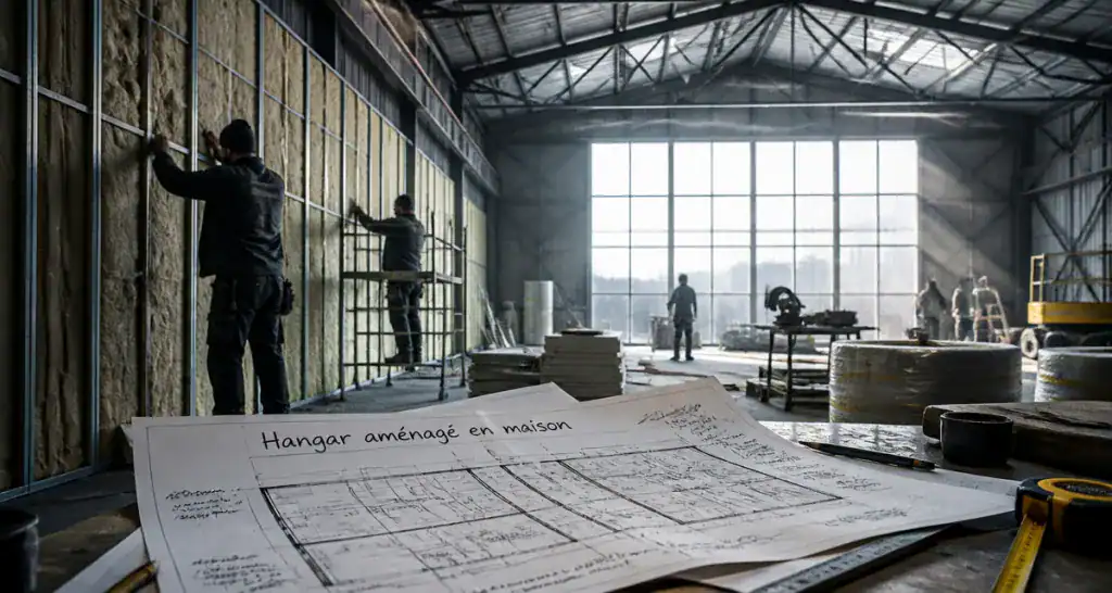 Travaux dans un hangar aménagé en maison