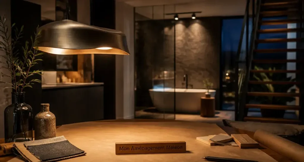 Mon amenagement maison : intérieur serein avec baignoire îlot et luminaire sculptural