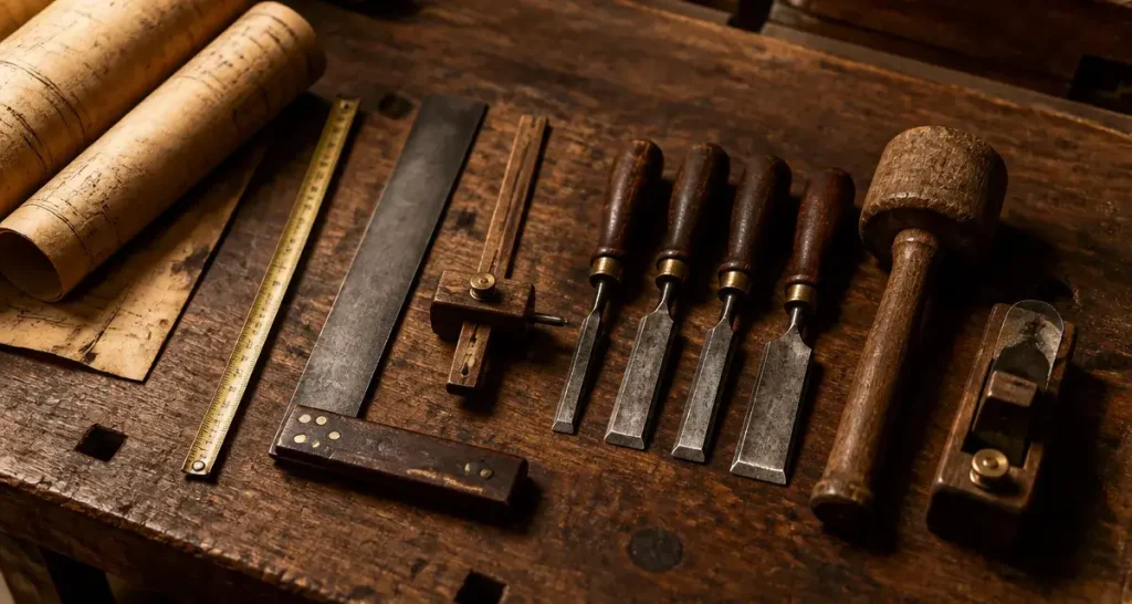Outils pour menuisier à main : mètre, équerre, trusquin, ciseaux et rabot