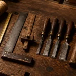 Outils pour menuisier à main : mètre, équerre, trusquin, ciseaux et rabot