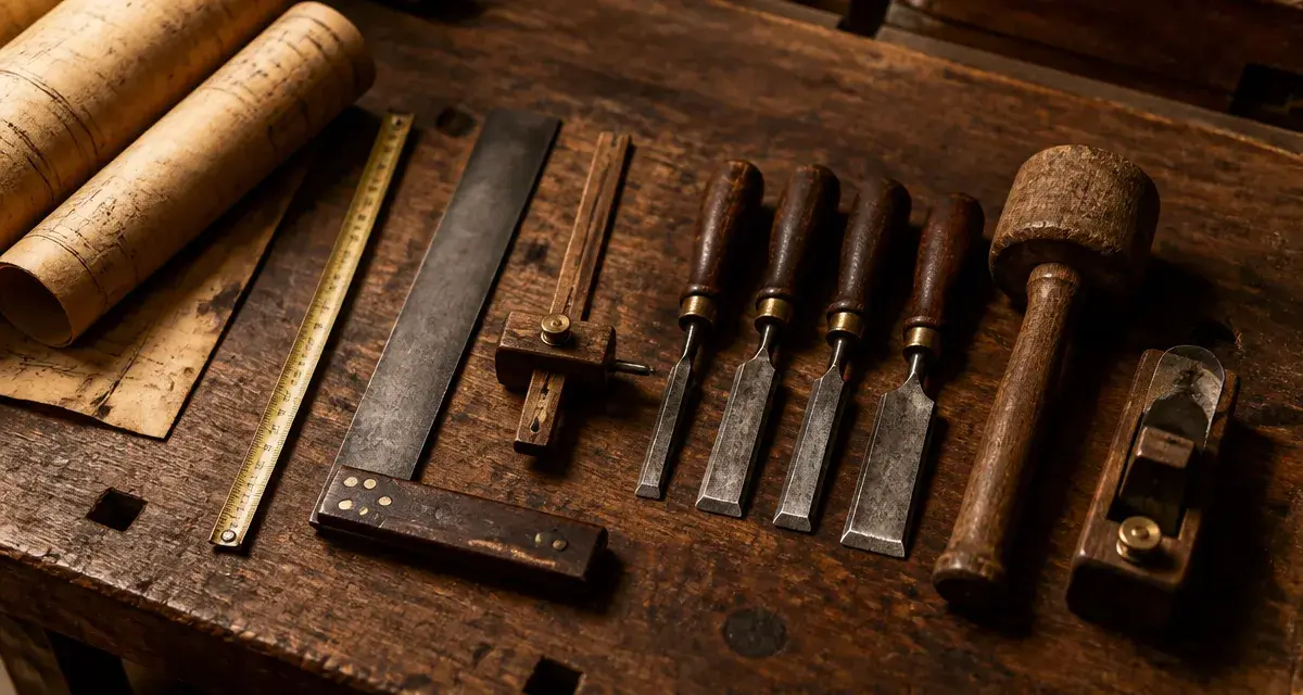 Outils pour menuisier à main : mètre, équerre, trusquin, ciseaux et rabot