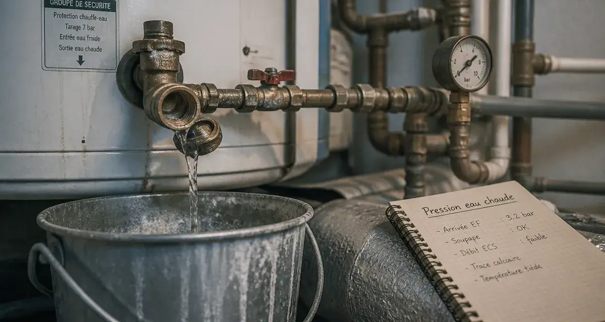 Pas de pression eau chaude : faible débit au chauffe-eau, manomètre et écoulement